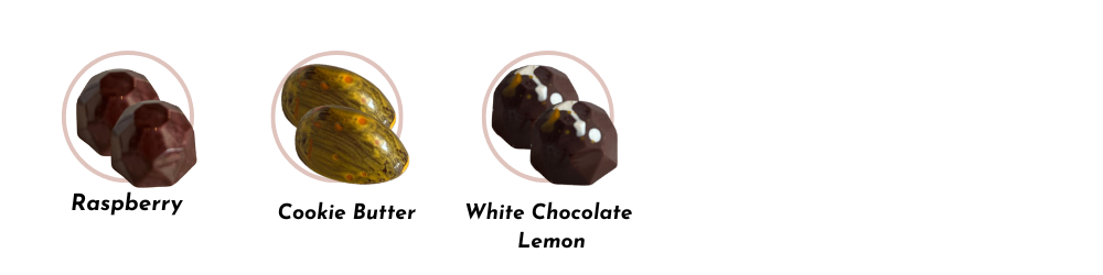 Three chocolate confections from Hattiesburg Chocolate & Coffee—Raspberry, Cookie Butter, and White Chocolate Lemon—are each shown as a pair with distinct colors and finishes on a white background.