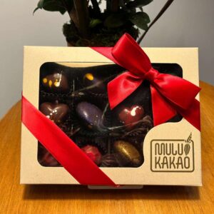 A Mulukakao Winter Bonbon Collection – 12-Piece Gift Edition box, adorned with decorative designs and a red ribbon, sits on a wooden table labeled "NUUVO KAKAO," with a plant in the background.