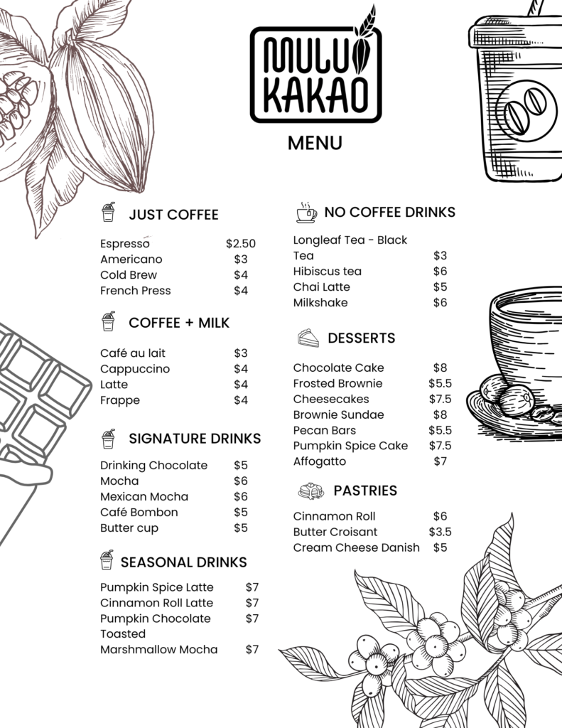 Menu for Mulu Kakao listing prices for coffee, tea, desserts, and pastries at this local Hattiesburg cafe.